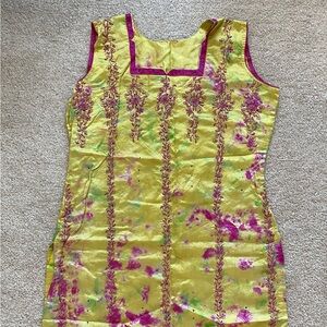 Vibrant Yellow and Pink Embroidered Dress